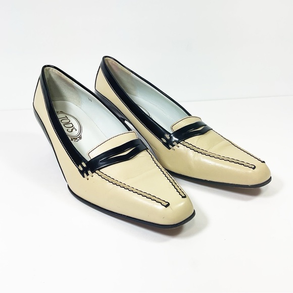 Vintage Tod's Black & Beige Leather Kitten Heels Penny Loafers Shoes - Picture 8 of 8